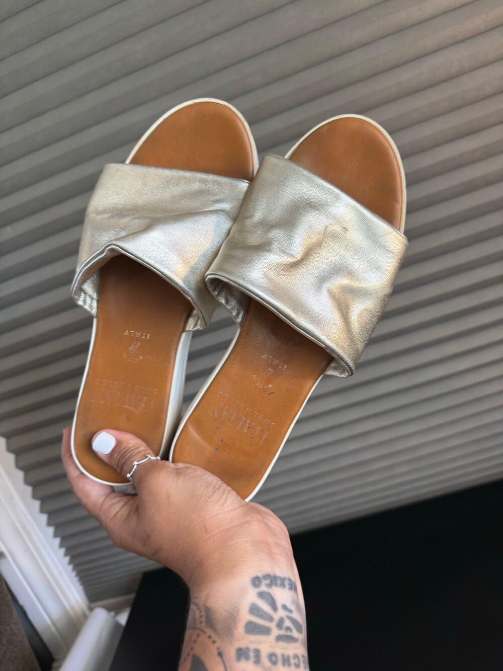 Italian Shoemakers Metallic Gold Slide Sandals Platform Comfort Size 8 Handmade